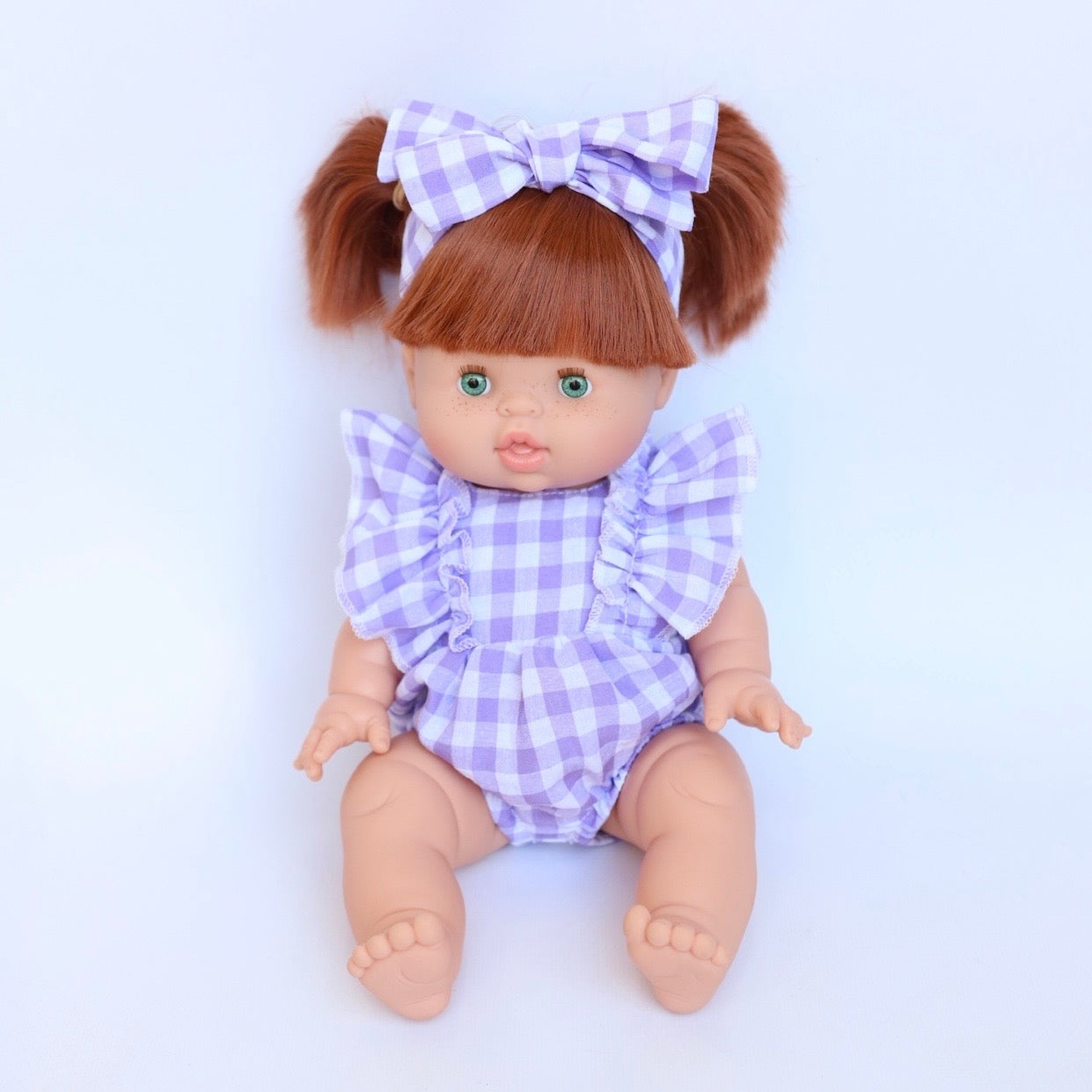 Lilac Gingham frill romper plus Bow ex GST