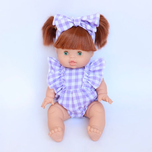 Lilac Gingham frill romper plus Bow ex GST