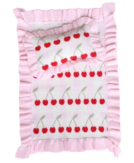 Cherry gingham Luxury dolls bedding set (blanket + Pillow)ex gst