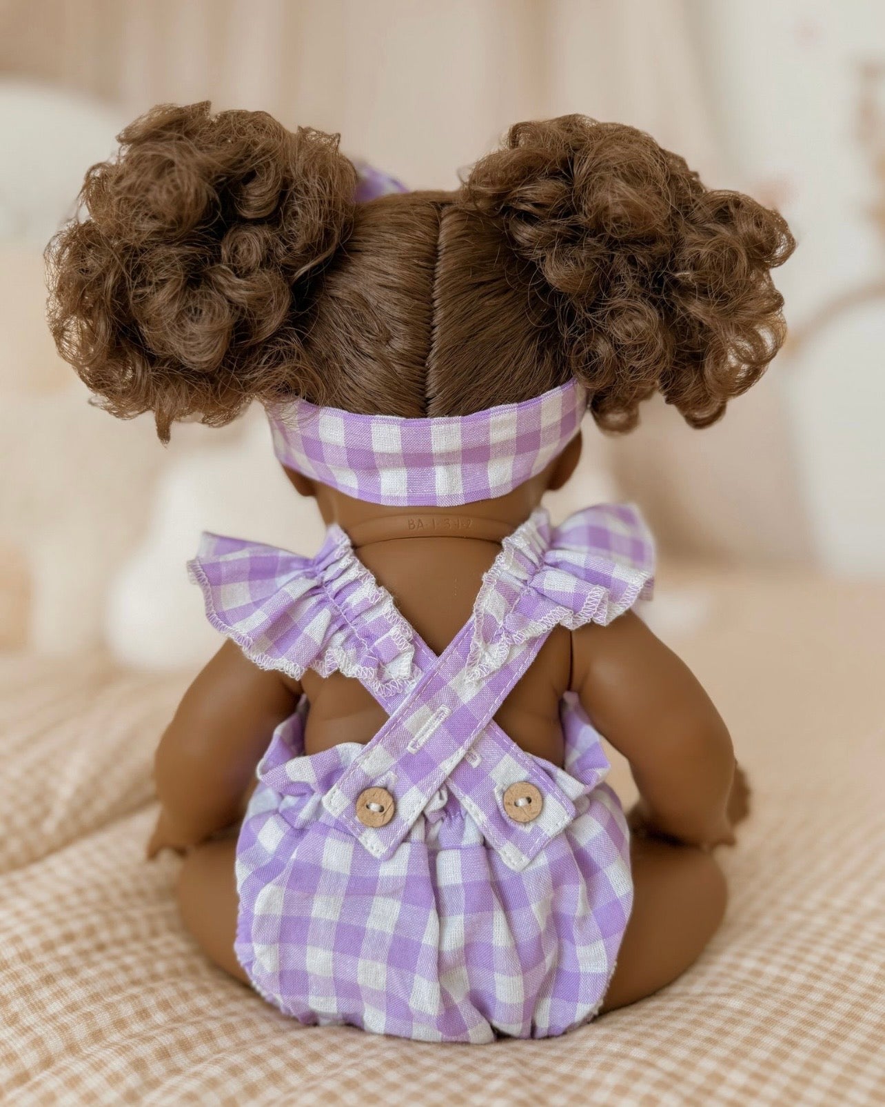 Lilac Gingham frill romper plus Bow ex GST