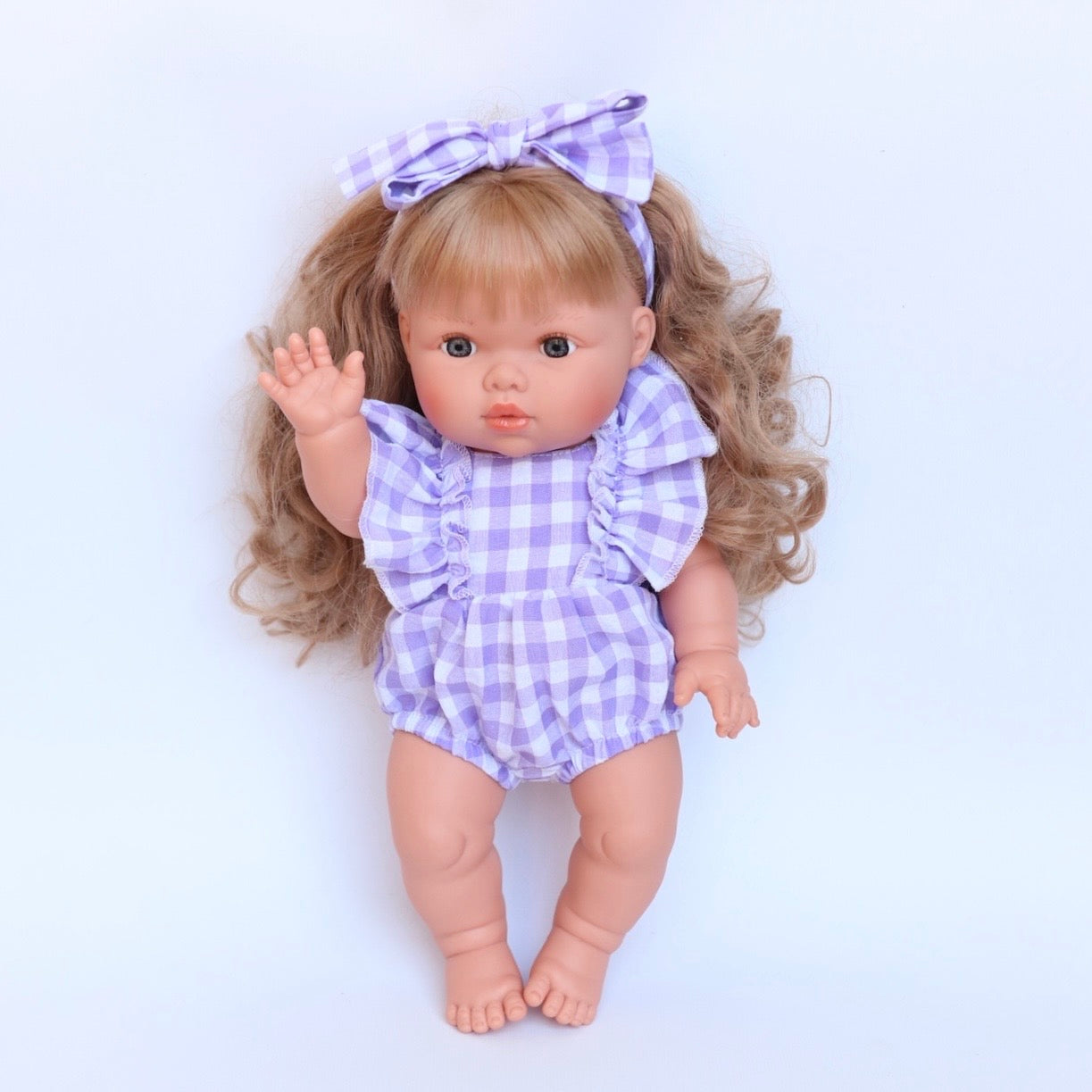 Lilac Gingham frill romper plus Bow ex GST