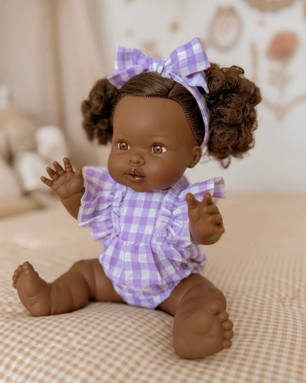 Lilac Gingham frill romper plus Bow ex GST