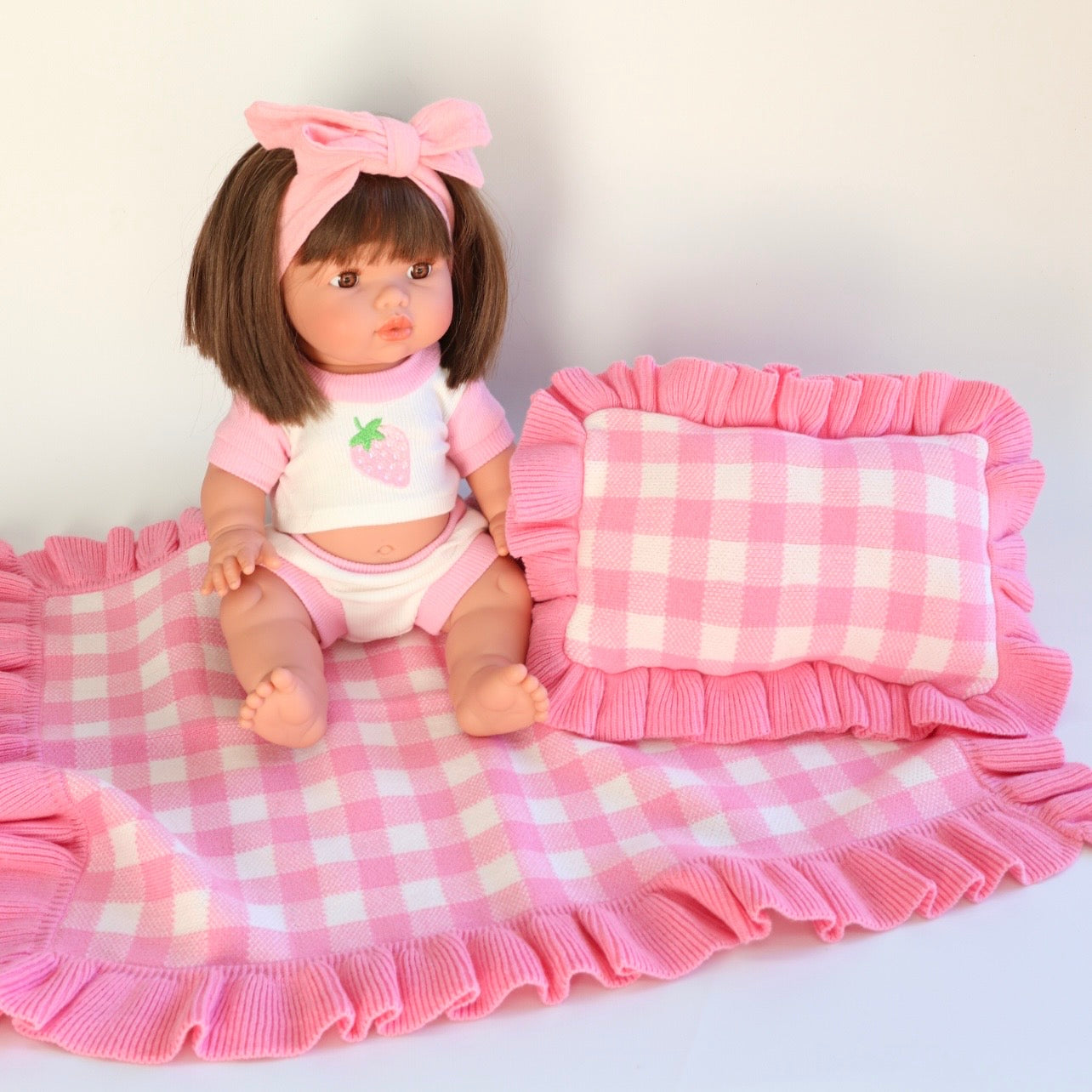 Pink gingham Luxury dolls bedding set (blanket + Pillow)ex gst (Copy)