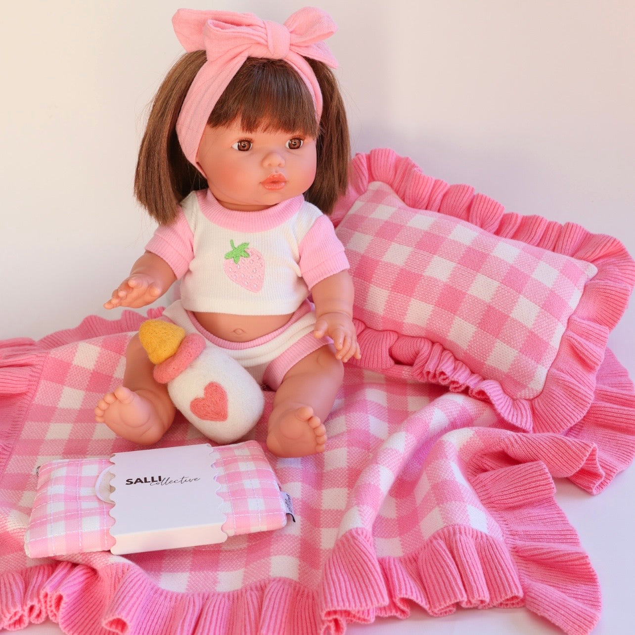Pink gingham Luxury dolls bedding set (blanket + Pillow)ex gst (Copy)